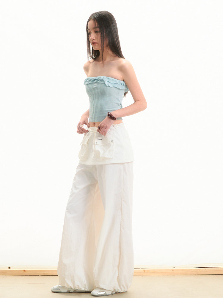 Faux Two-Piece Low-Waist Loose Drawstring Pants - CHINASQUAD