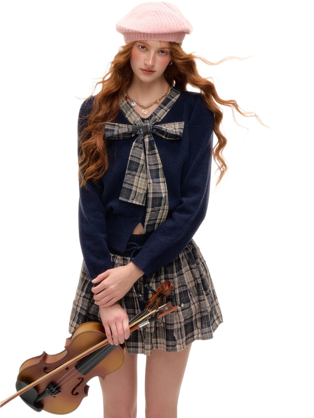 Plaid Bow-Knot Round Neck Knitted Cardigan - CHINASQUAD