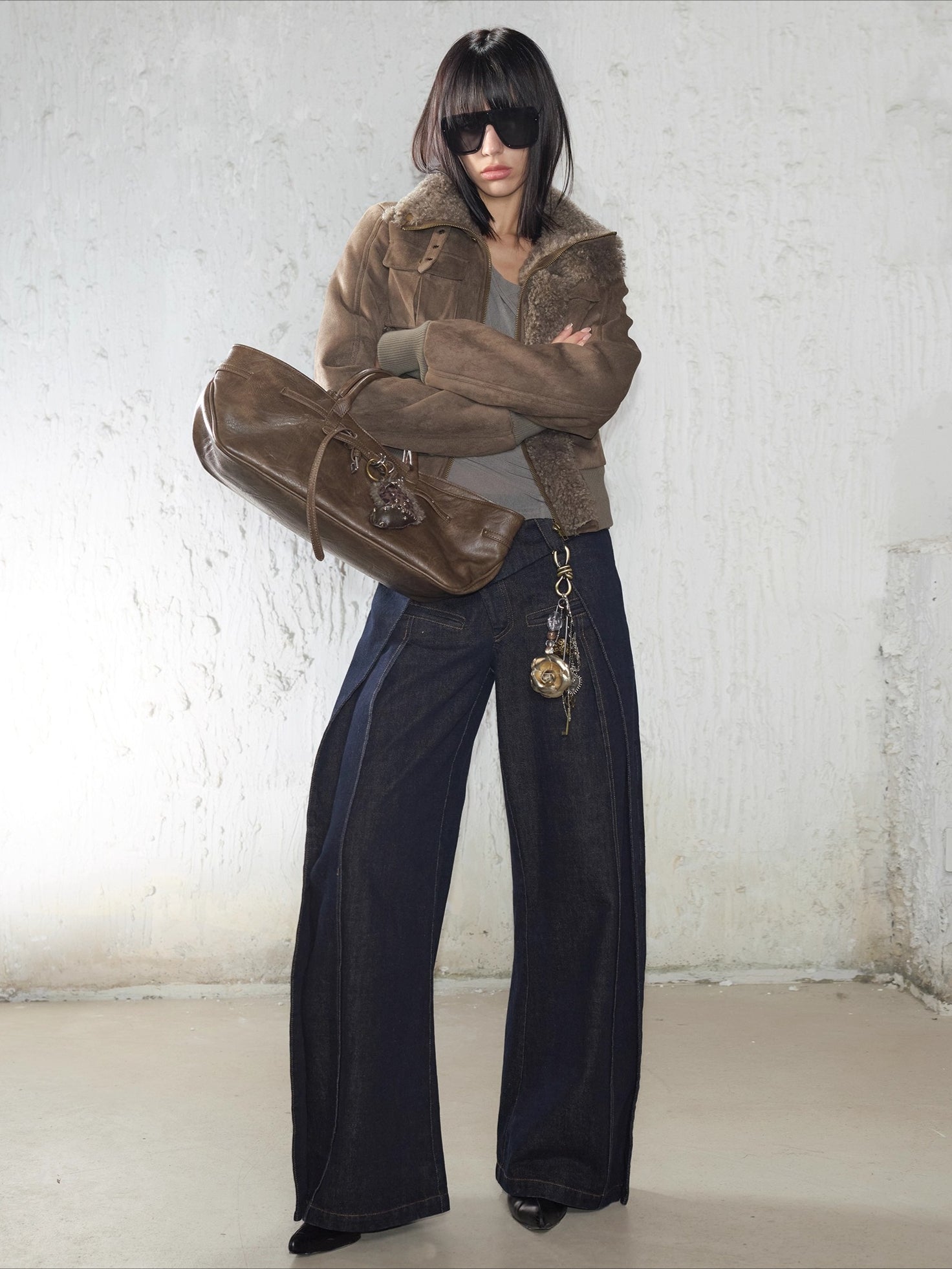 Irregular Folded-Waist Wide-Leg Trousers