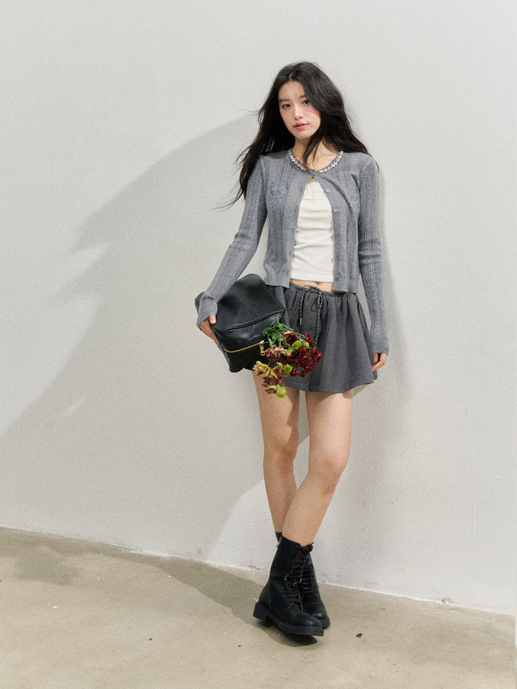 Handmade Rhinestone Collar Rose-Embroidered Knitted Cardigan - CHINASQUAD