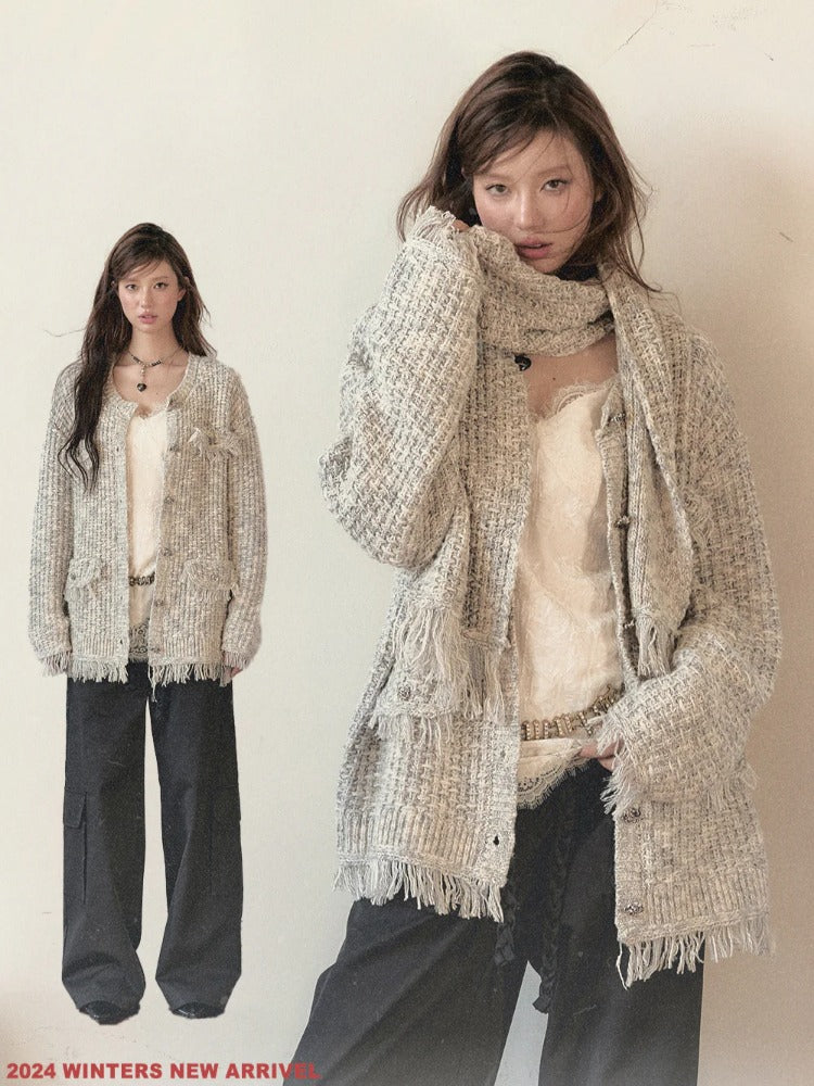 Frayed Edges Wool Mid-Length Knit Cardigan - CHINASQUAD
