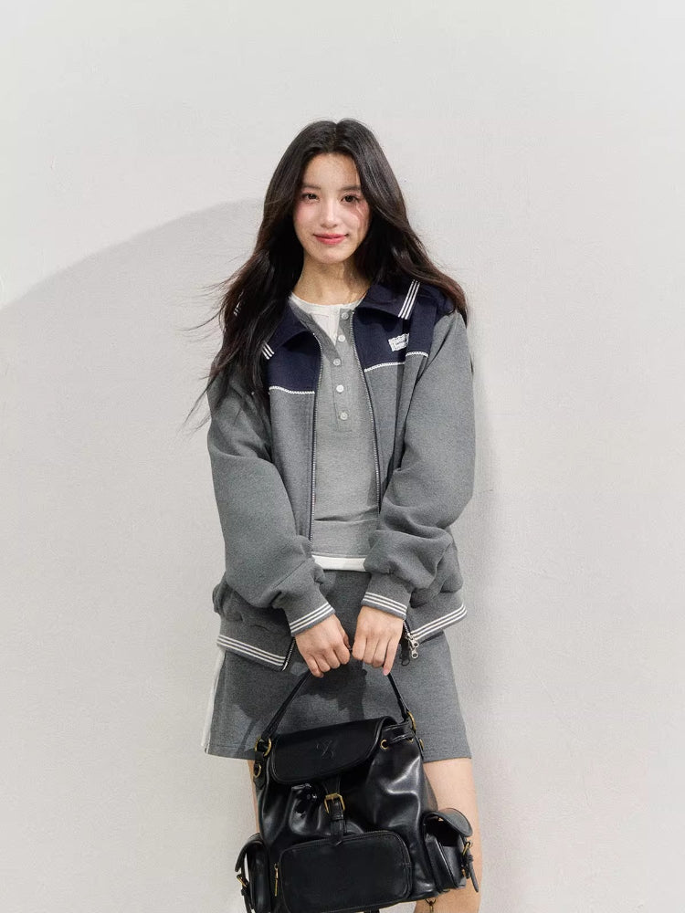 Sporty Miu-Style Color-Block Preppy Jacket & Skirt Set