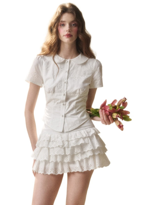 Embroidered Lace Waist Shirt & Skirt Set - CHINASQUAD