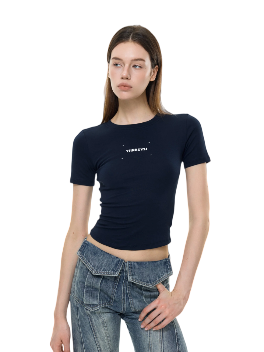 Letters Print Baby Tee In Navy blue