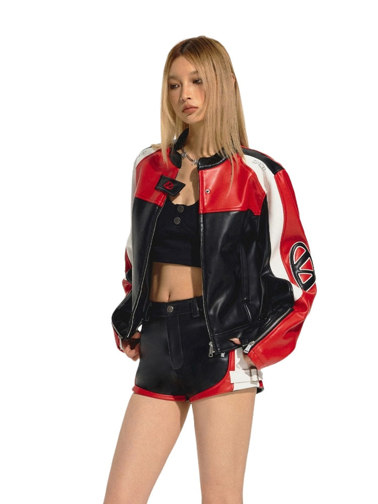 (Final Sale) Embroidered Zip Short Contrast-Color Moto Jacket - CHINASQUAD