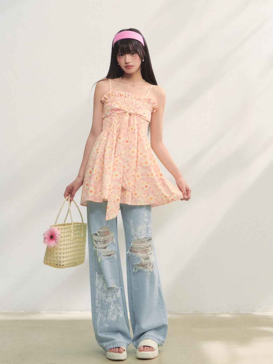 Lace-Trimmed Printed Rhinestone-Embellished Jeans