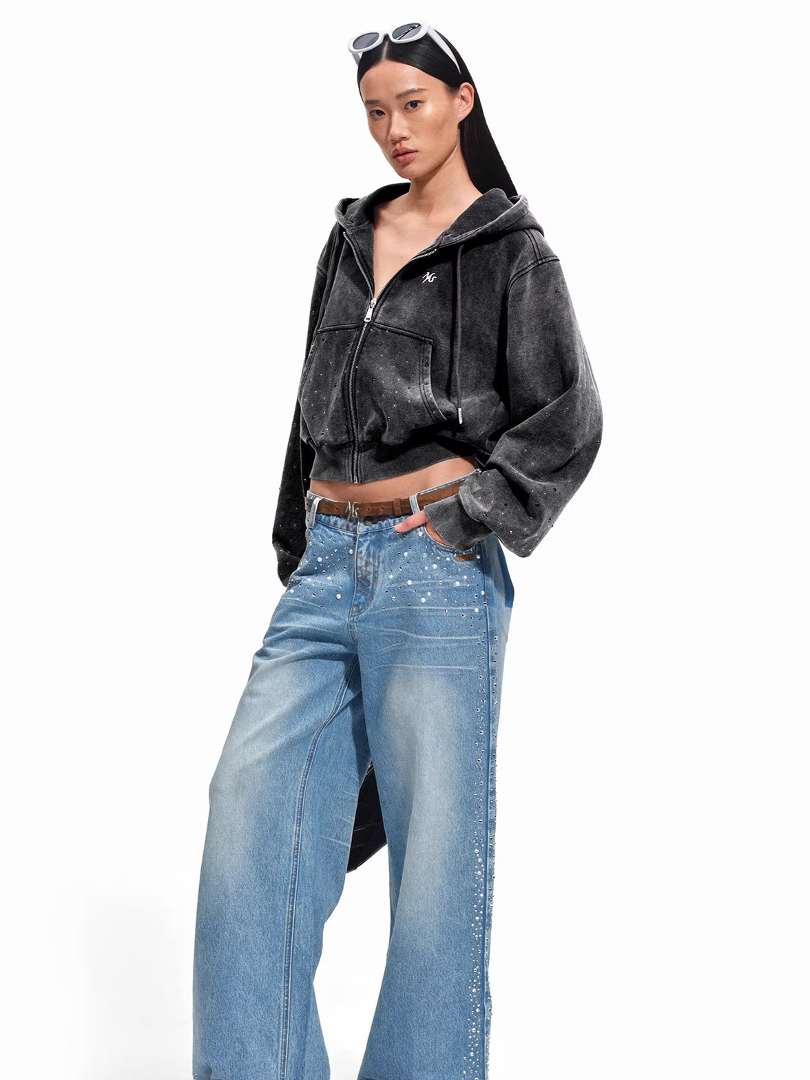 Embellished Washed Cotton Cropped Hoodie