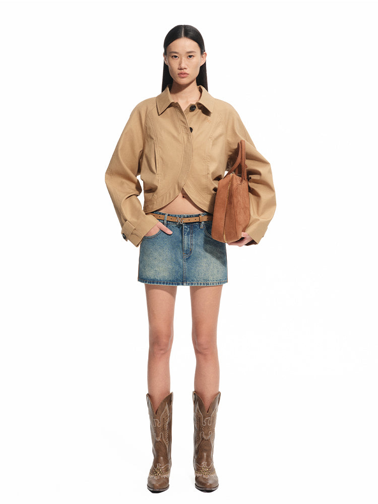 Washed Denim Twill Leather Patchwork Mini Skirt - CHINASQUAD