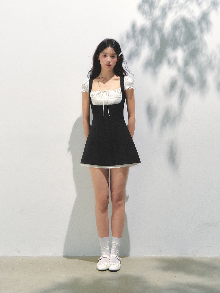 Black-White Contrast Two-piece Square Neck Dress - CHINASQUAD