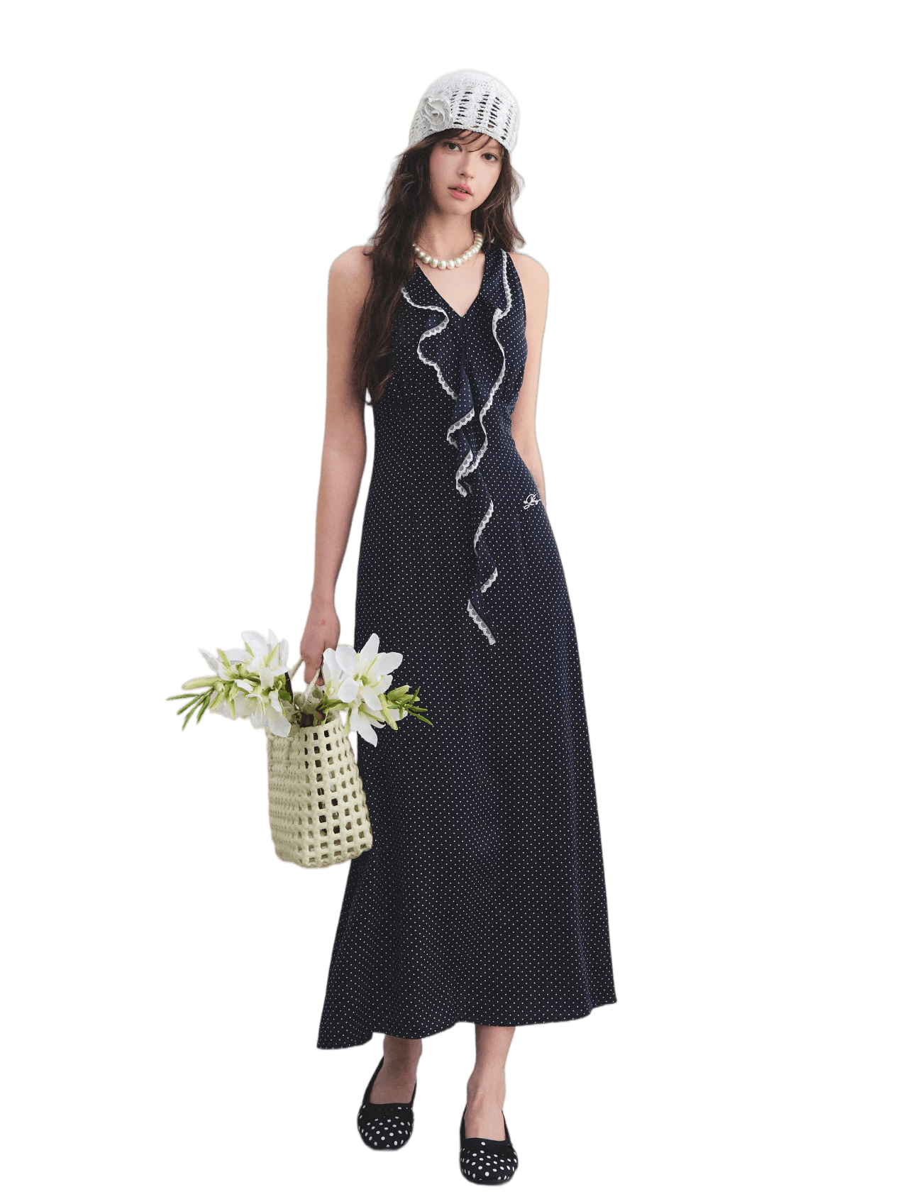 Navy Polka Dot Lace Ruffle V-Neck Sleeveless Midi Dress