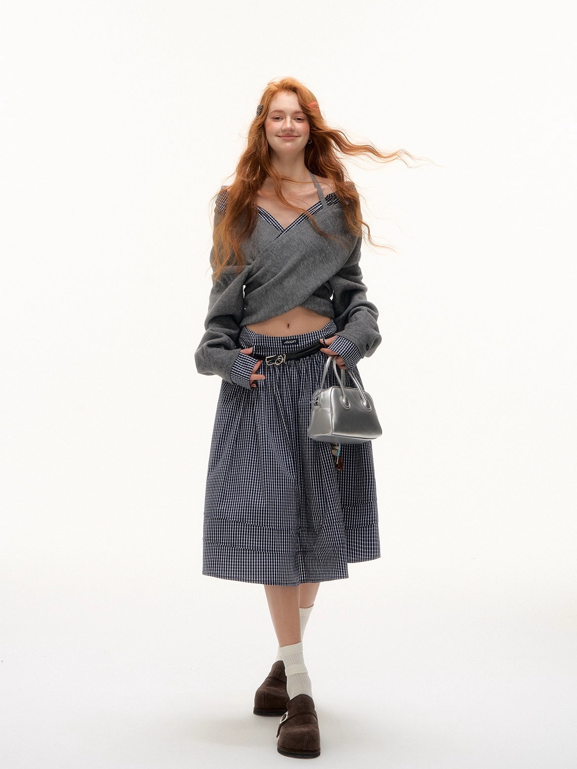 Off-Shoulder Plaid Panel Cross Sweatshirt - CHINASQUAD