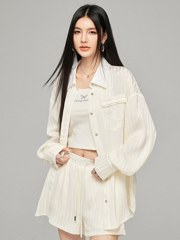 Color-block Shiny Silk Shirt & Shorts Set