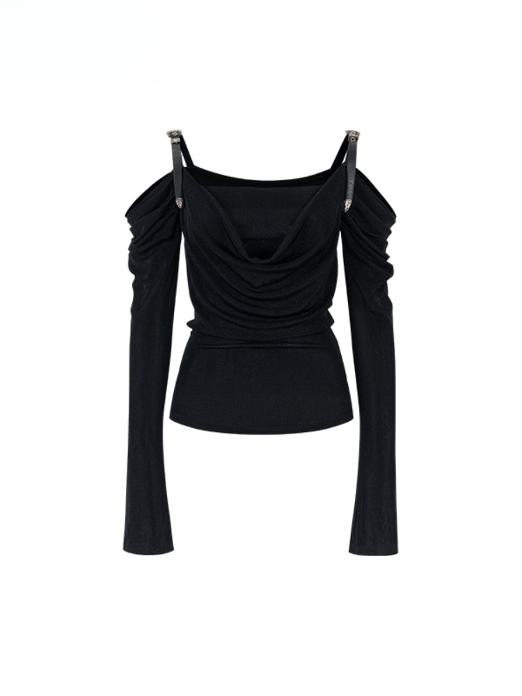 Draped Neck Leather Strap Acetate One-shoulder T-shirt - CHINASQUAD