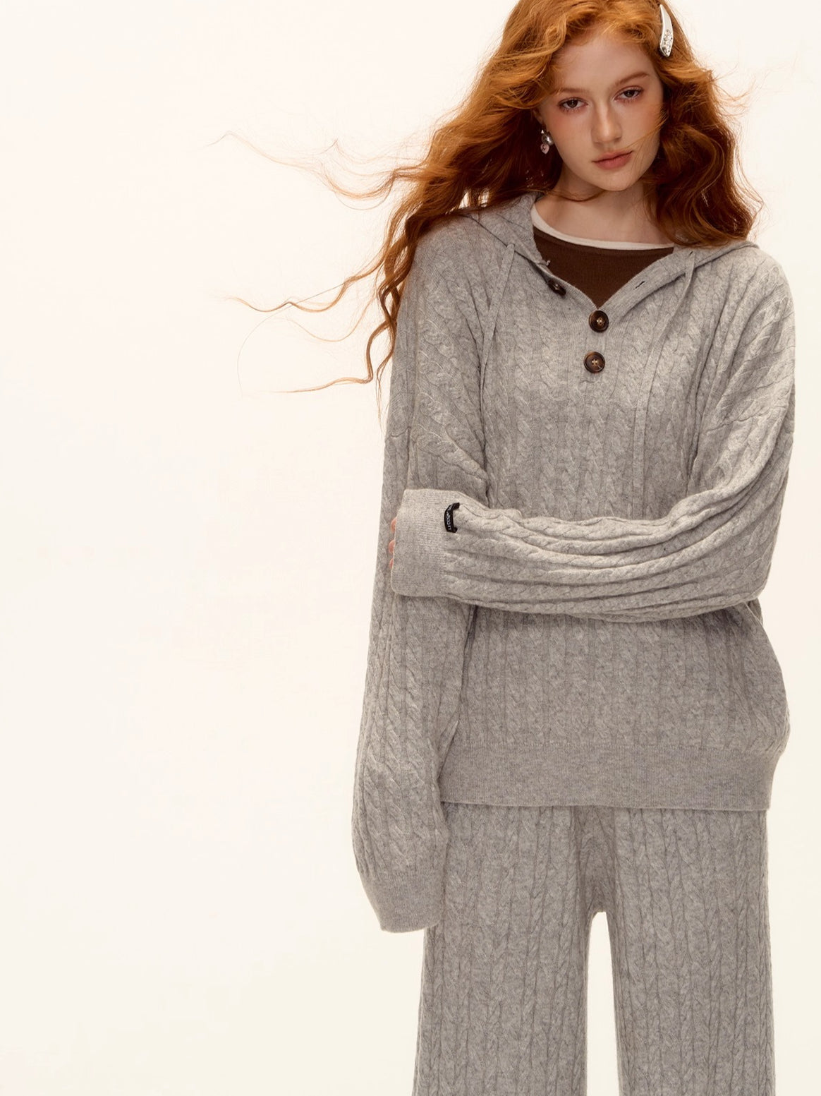 Wool Blend Cable Knit Hoodie & Wide-Leg Pants Set