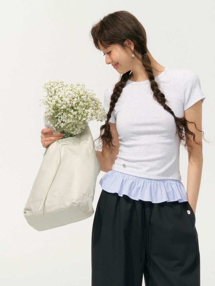 Fake Two-Piece Patchwork Puff Sleeve