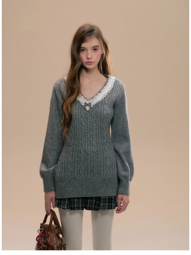 Gray V-Neck Sweater - CHINASQUAD