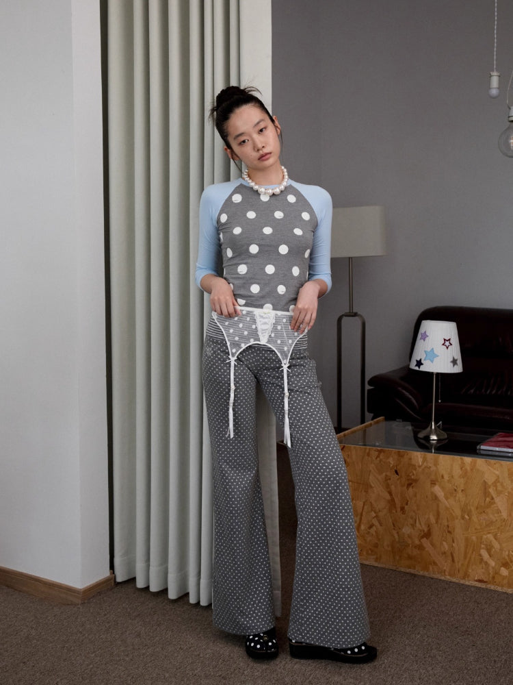 Color-Block Patchwork Polka Dot Print Raglan T-shirt