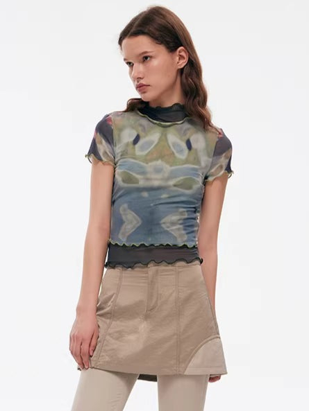 Designer Tie-Dye Sheer Mesh Fitted T-Shirt