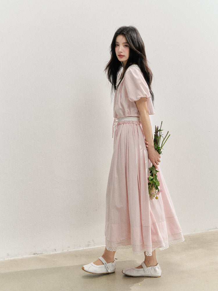 Pink Doll Collar Cropped Shirt & Skirt Set - CHINASQUAD