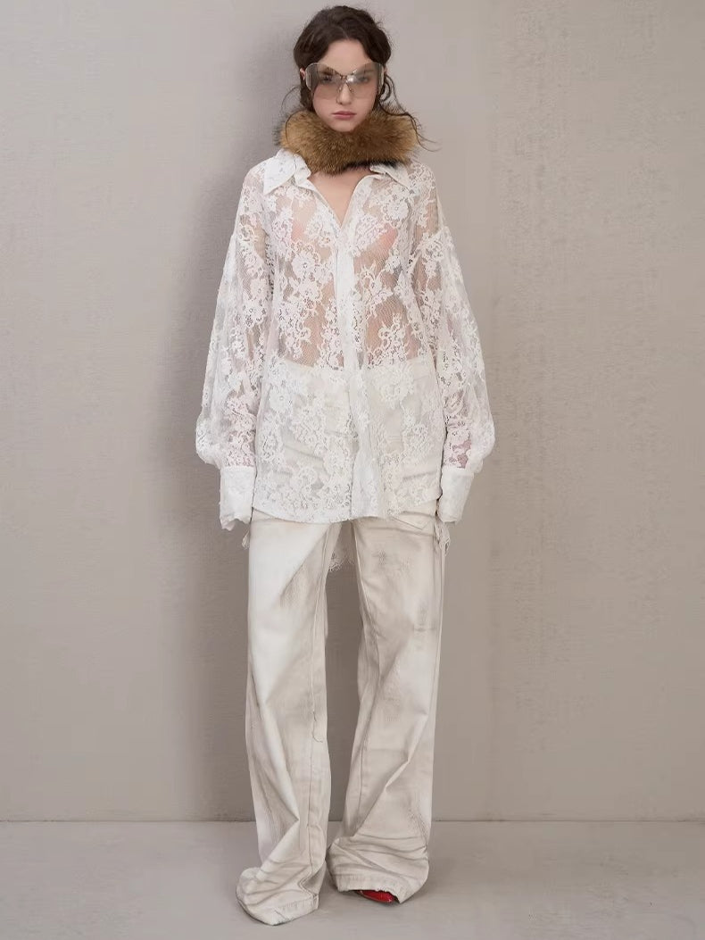 Side-Placket White Denim Jeans