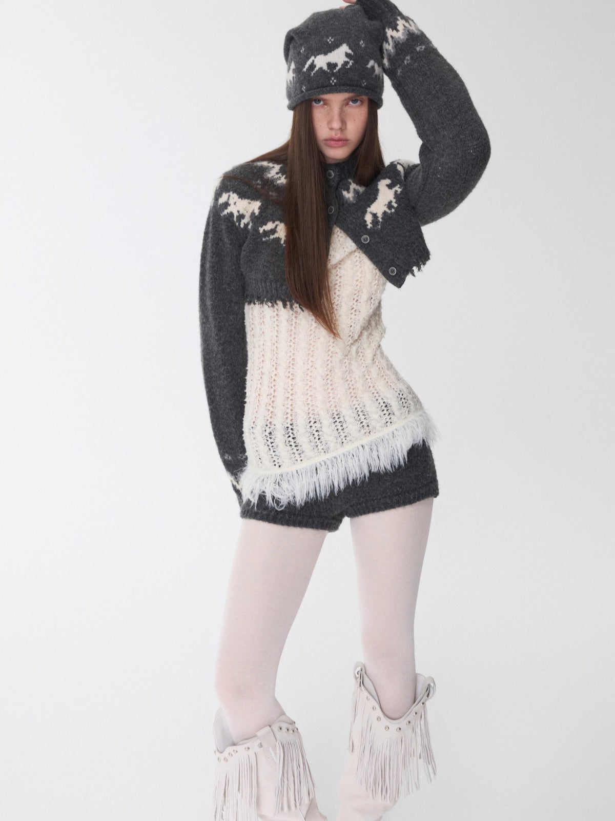 Fair Isle Pony Jacquard Knit Short Cardigan & Shorts Set