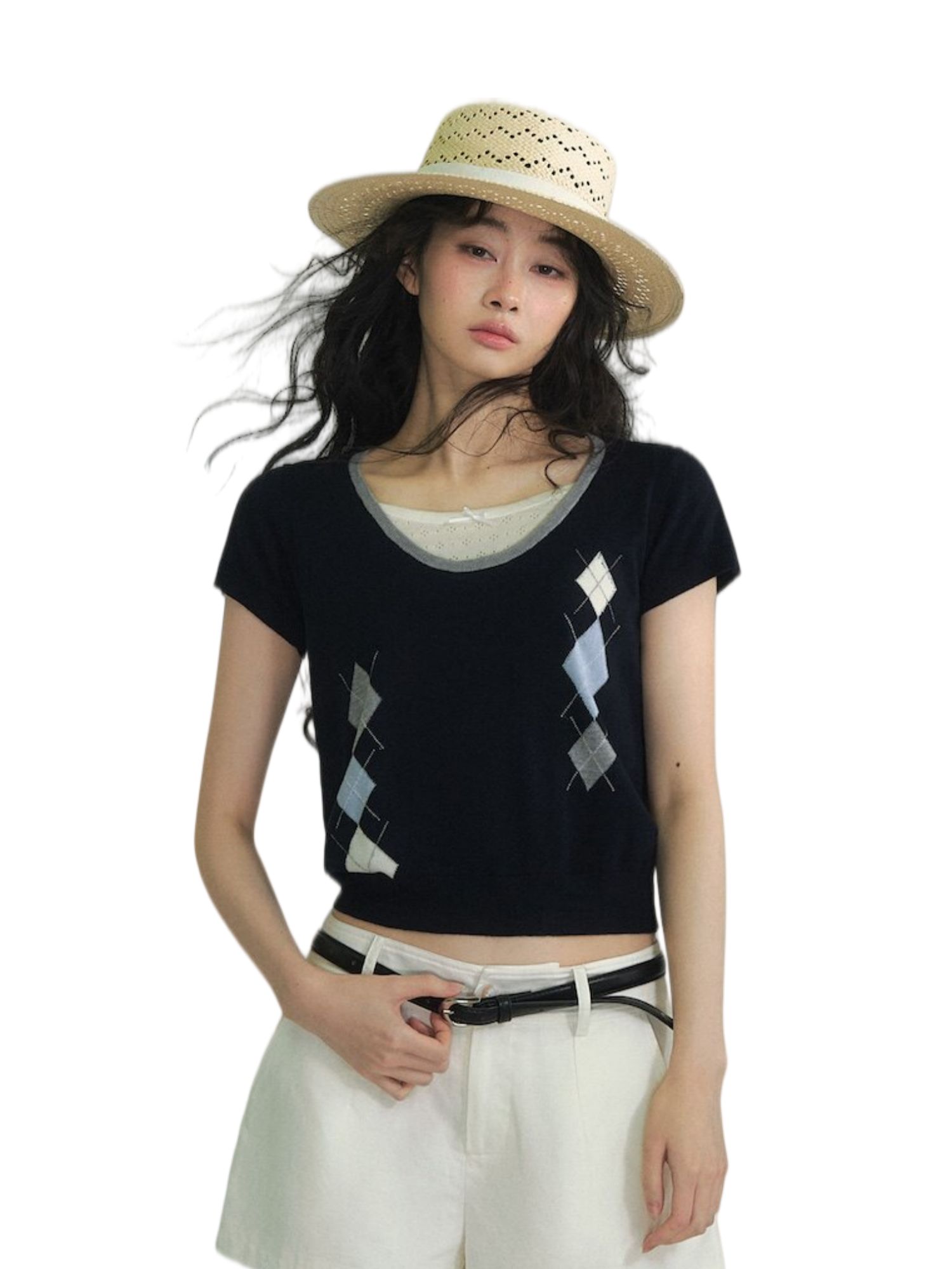 Argyle Color-Block Layered Short Sleeve Top