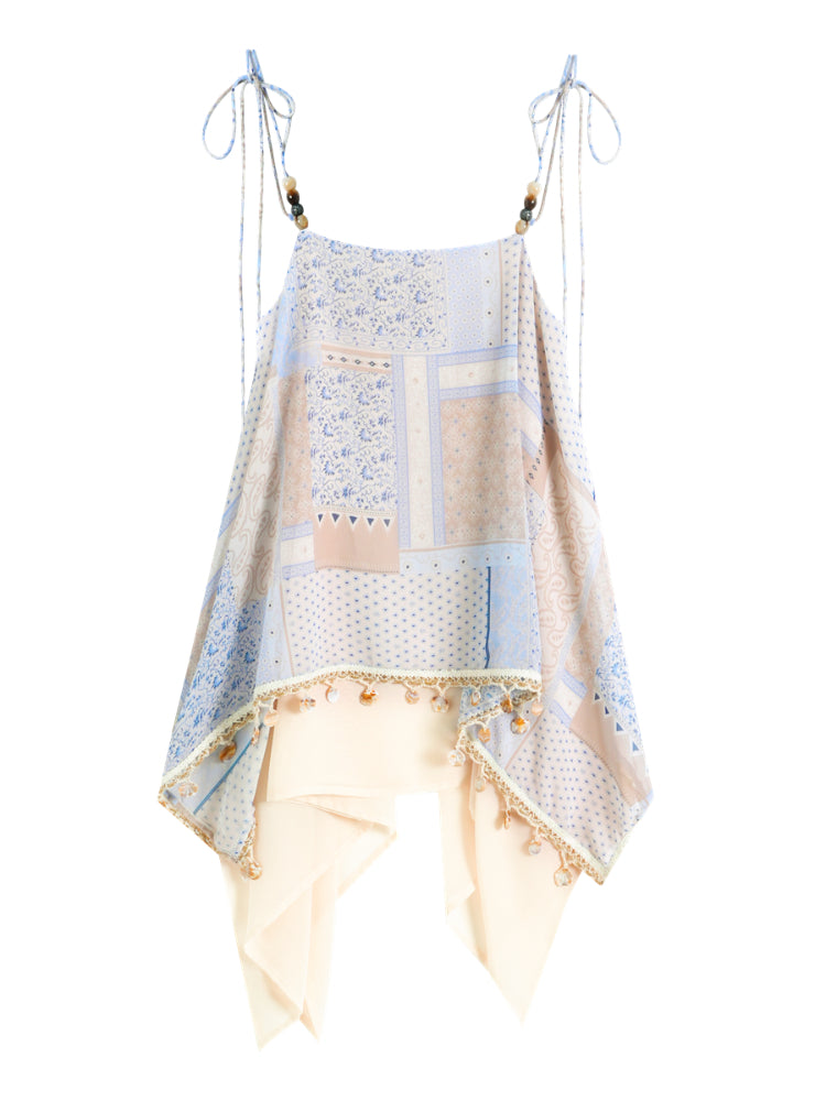 Irregular Beaded Strappy Printed Slip Dress - CHINASQUAD