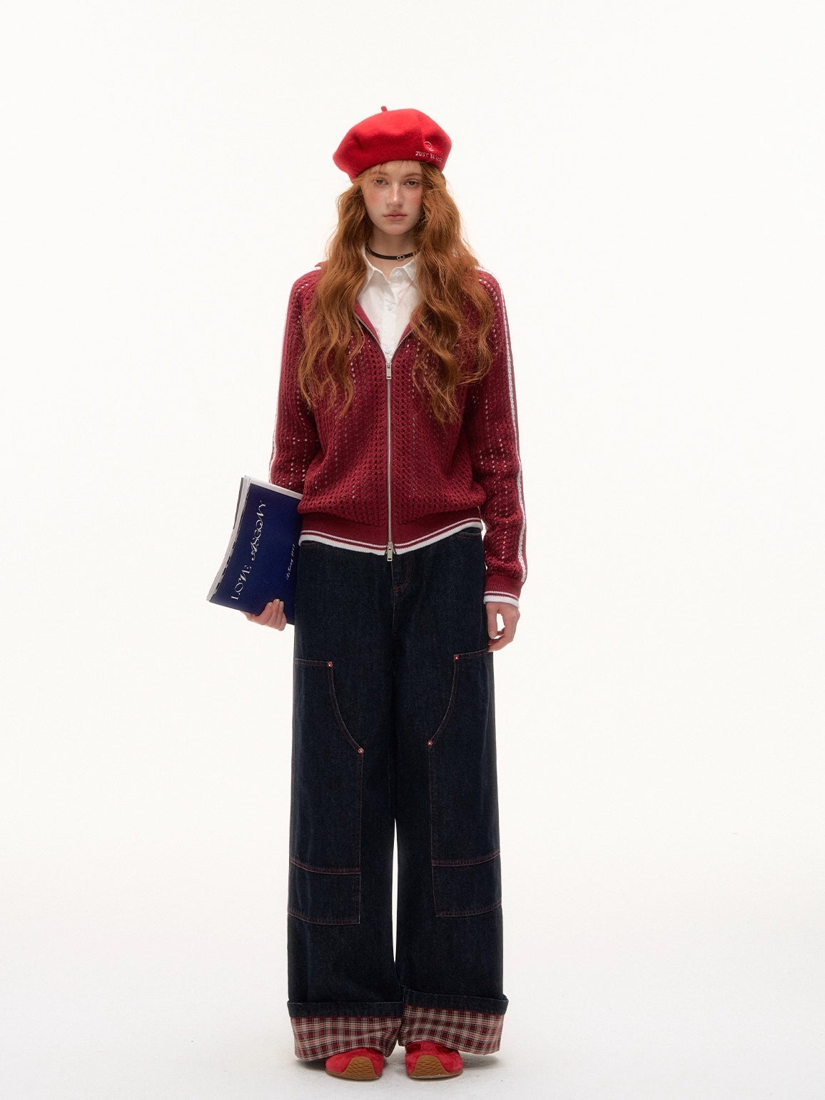Plaid Cuff Wide-Leg Jeans