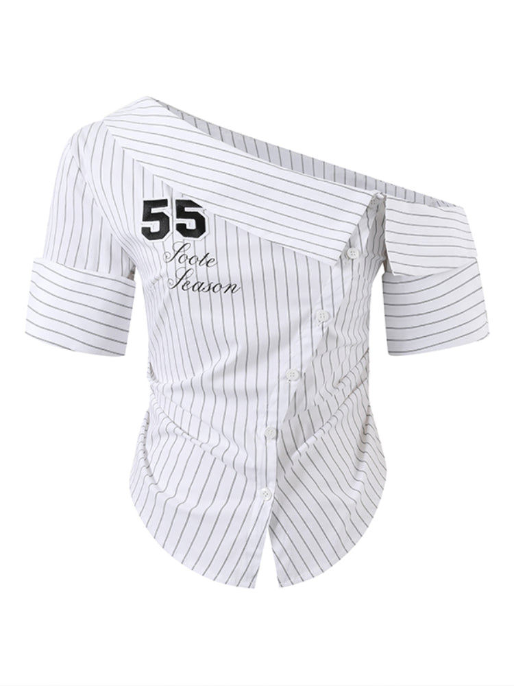 Pure-desire Asymmetric-shoulder Waist-cinching Blouse - CHINASQUAD