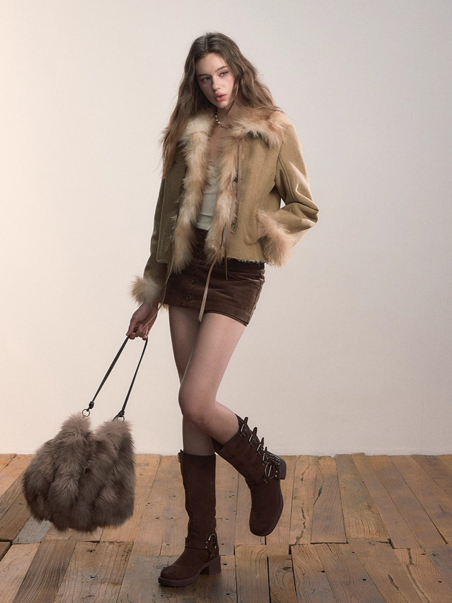 Faux Shearling Bow-Tie Collar Jacket