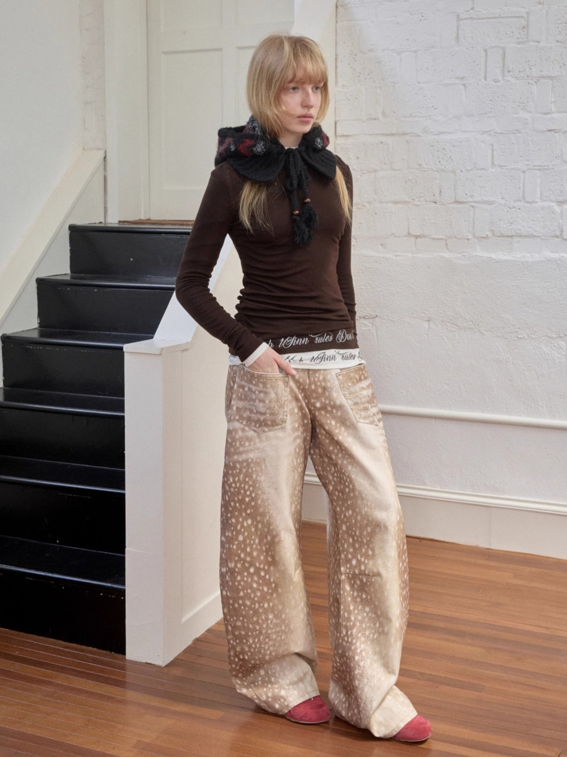 Vintage Deer Print Curved-Leg Canvas Pants