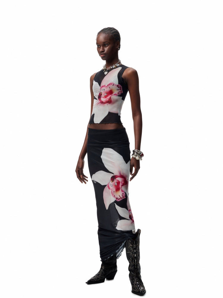 Floral Print Rhinestone Mesh Vest - CHINASQUAD