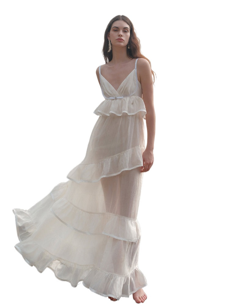 Ruffled Spaghetti Strap Backless Dress - CHINASQUAD