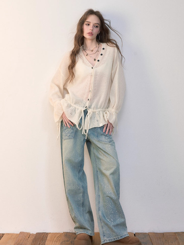 Drawstring Openwork Wool Knit Cardigan