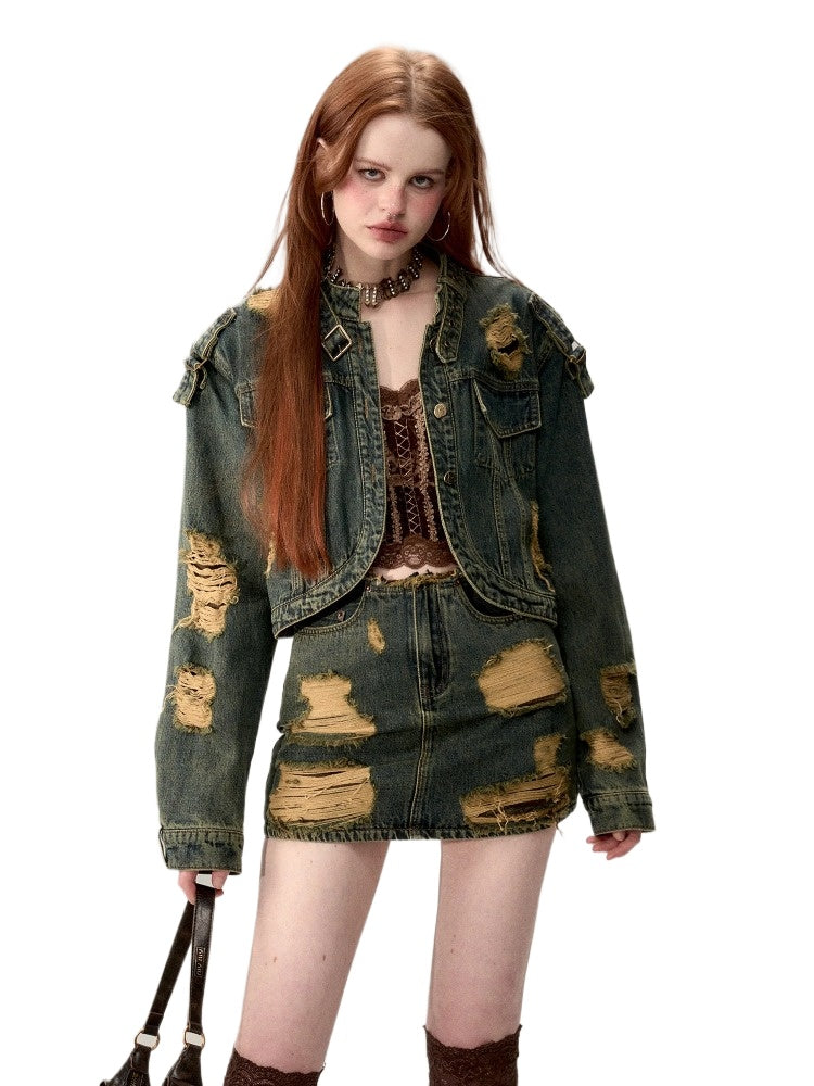 Double-Layer Distressed Denim Jacket - CHINASQUAD