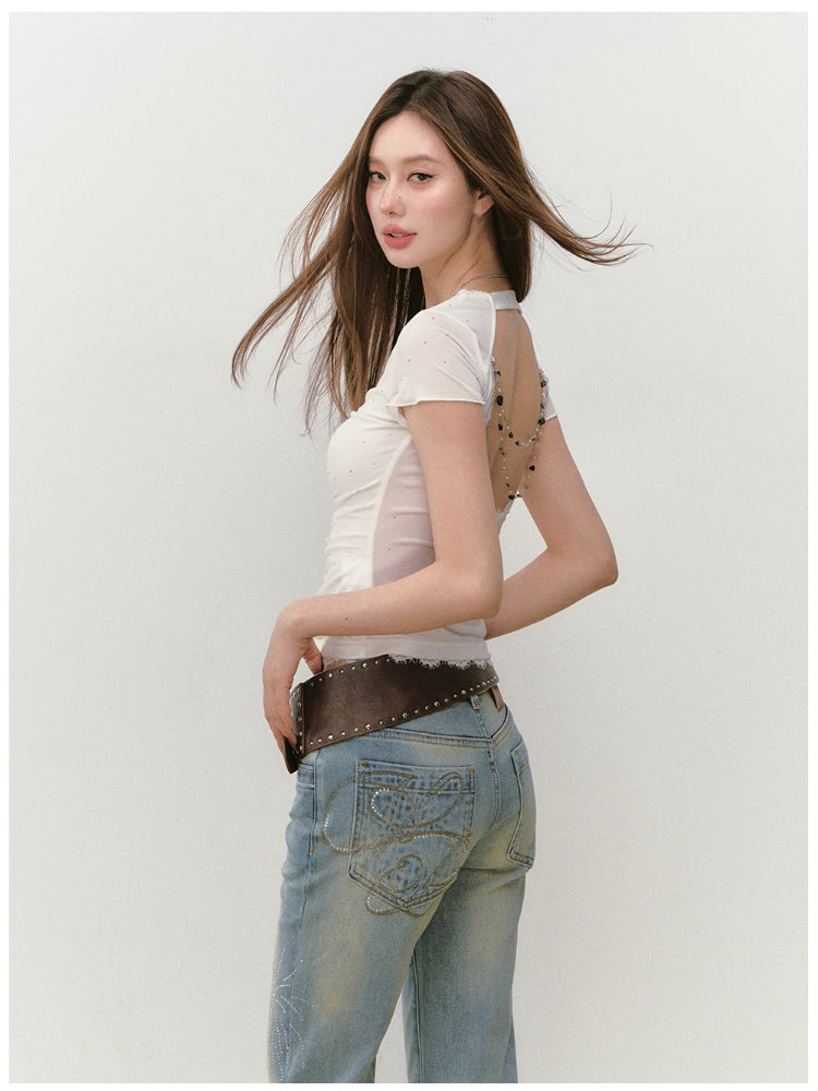Acetate Lace Backless Beaded Short-sleeve T-shirt