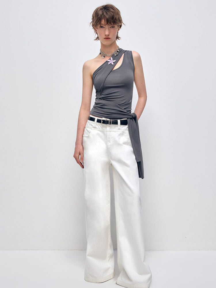 White Cotton Low Waist Wide Leg Jeans - CHINASQUAD