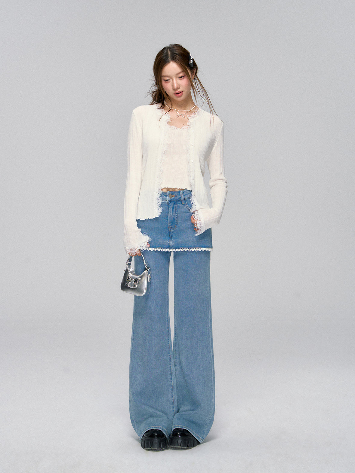 Lace Layered Faux Two-Piece Denim Pants - CHINASQUAD