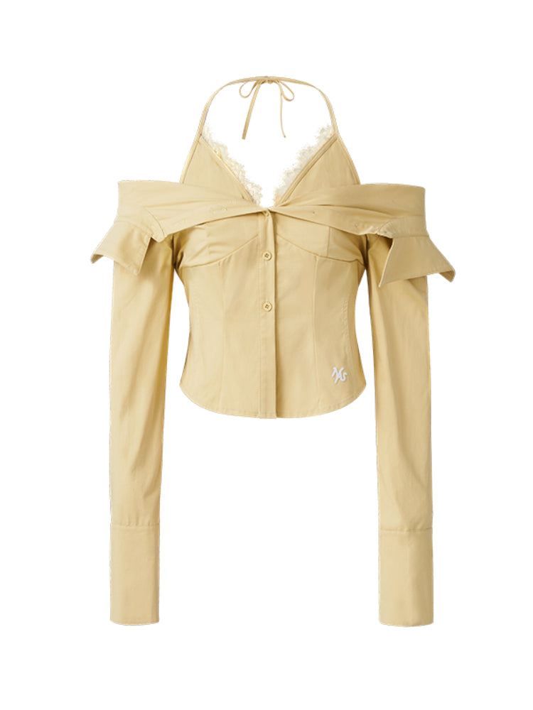 Two-in-One Off-Shoulder Slim-Fit Long-Sleeve Cotton Shirt - CHINASQUAD