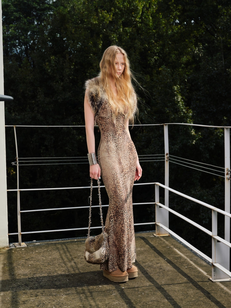 Leopard Print Mesh Lace Mermaid Slip Dress - CHINASQUAD