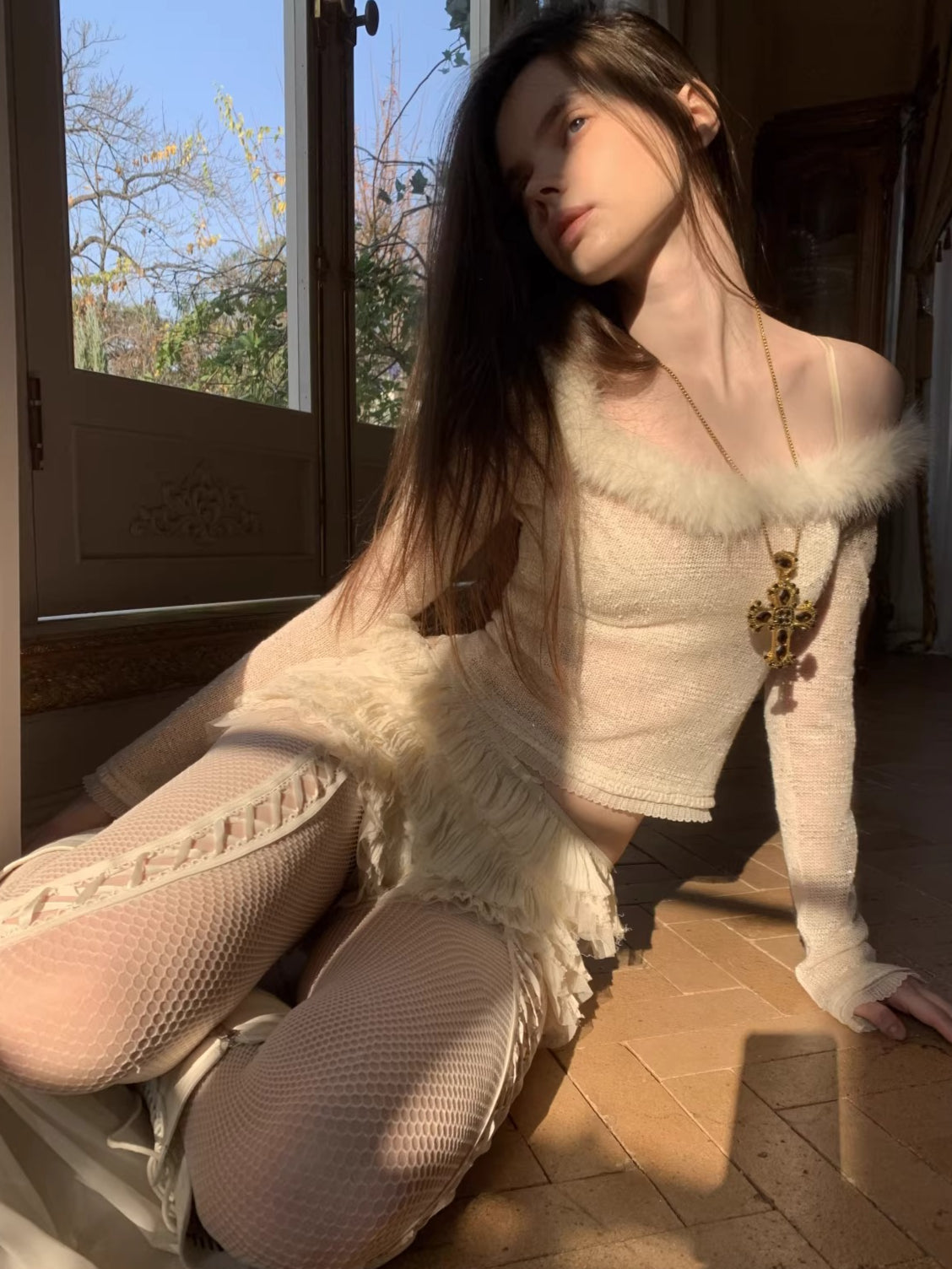 Off-Shoulder Sequin Knit Crewneck