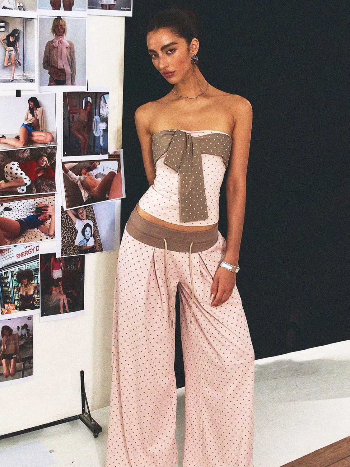 Polka-Dot Bandeau Top & Straight-Leg Pants Set