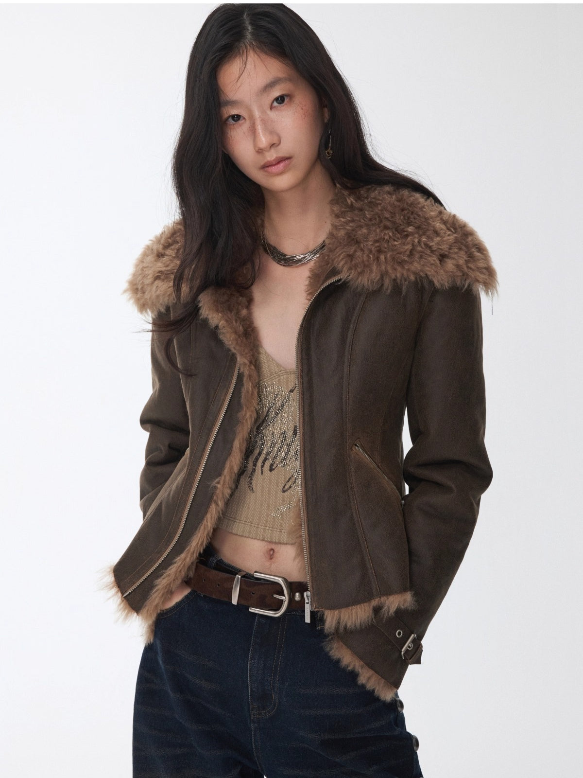Faux Shearling-Lined Washed Leather Slim Jacket