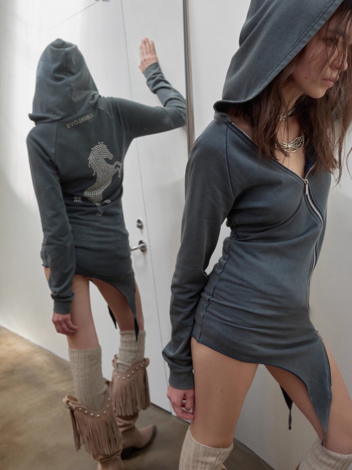 Washed Rhinestone Studded Deconstructed Hoodie Dress - CHINASQUAD