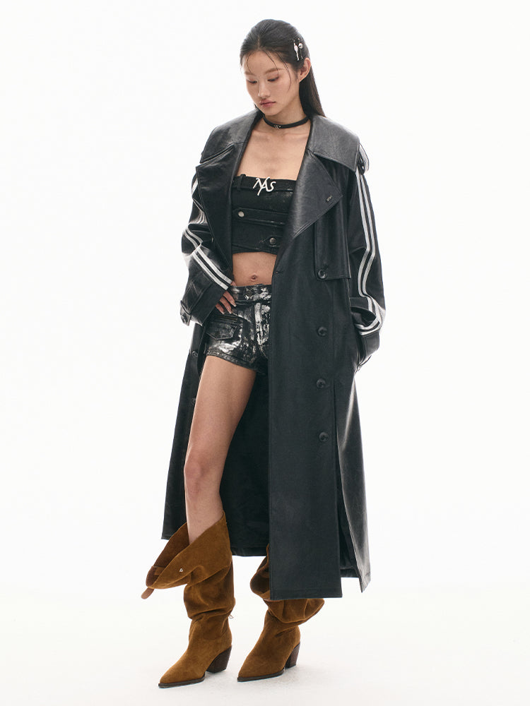 Textured Relaxed Fit Leather Trench Coat - CHINASQUAD