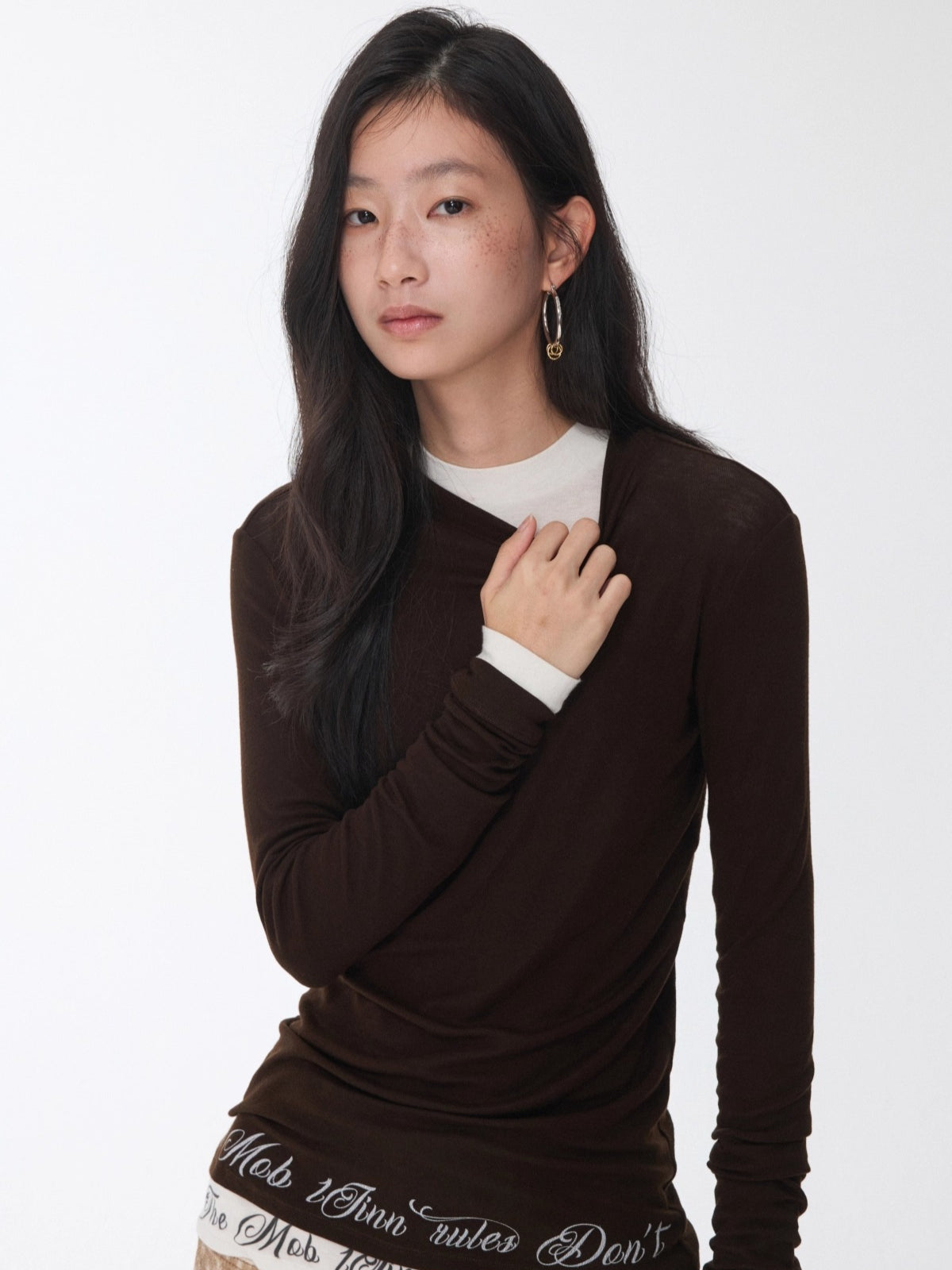 Basic Round-Neck Letter Print Semi-Sheer T-Shirt - CHINASQUAD