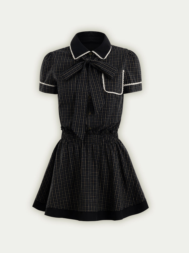 Bow Tie Plaid Dress - CHINASQUAD