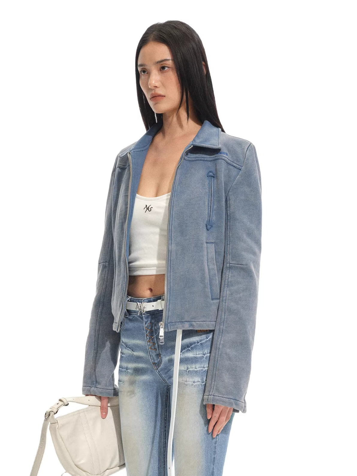 Classic Moto Collar Washed Cotton Knit Jacket