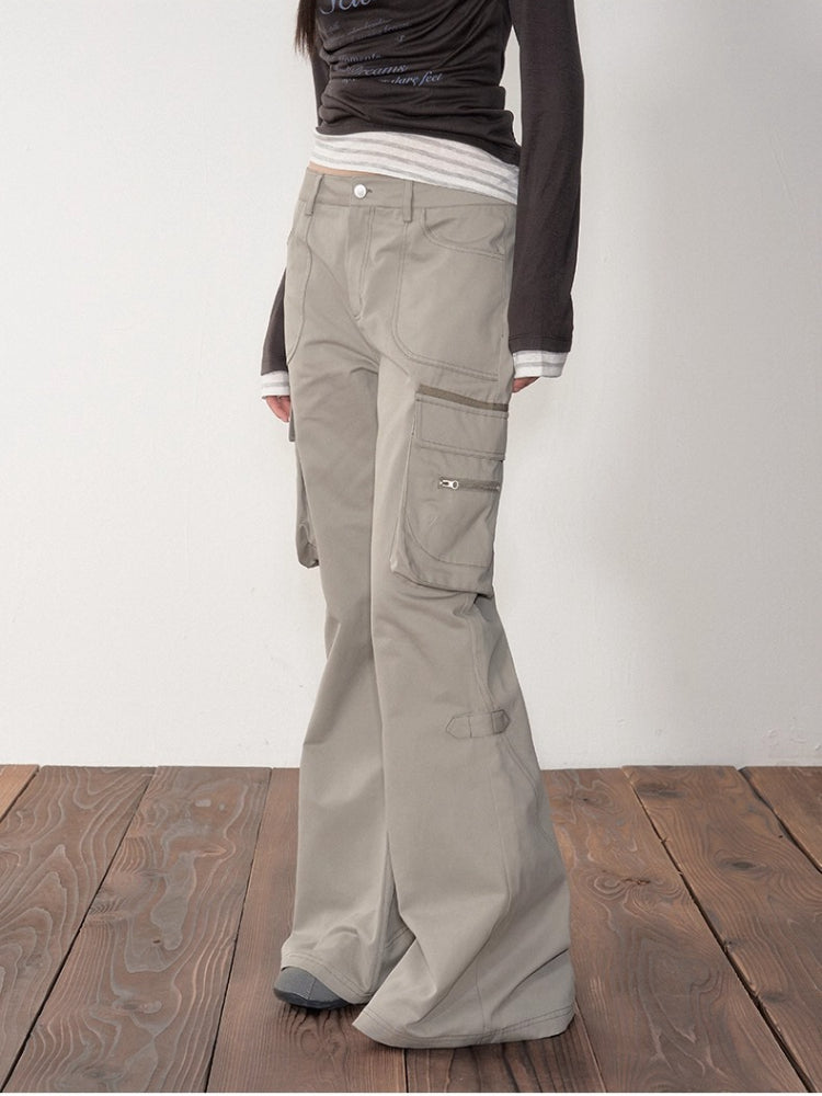Gray-Green 3D Pockets Cargo Zipper Flare Pants