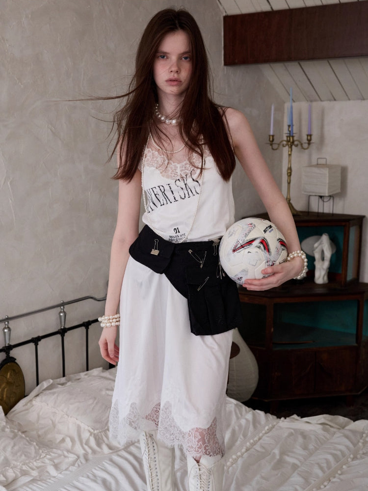 Letter-printed Spliced Lace Camisole Dress